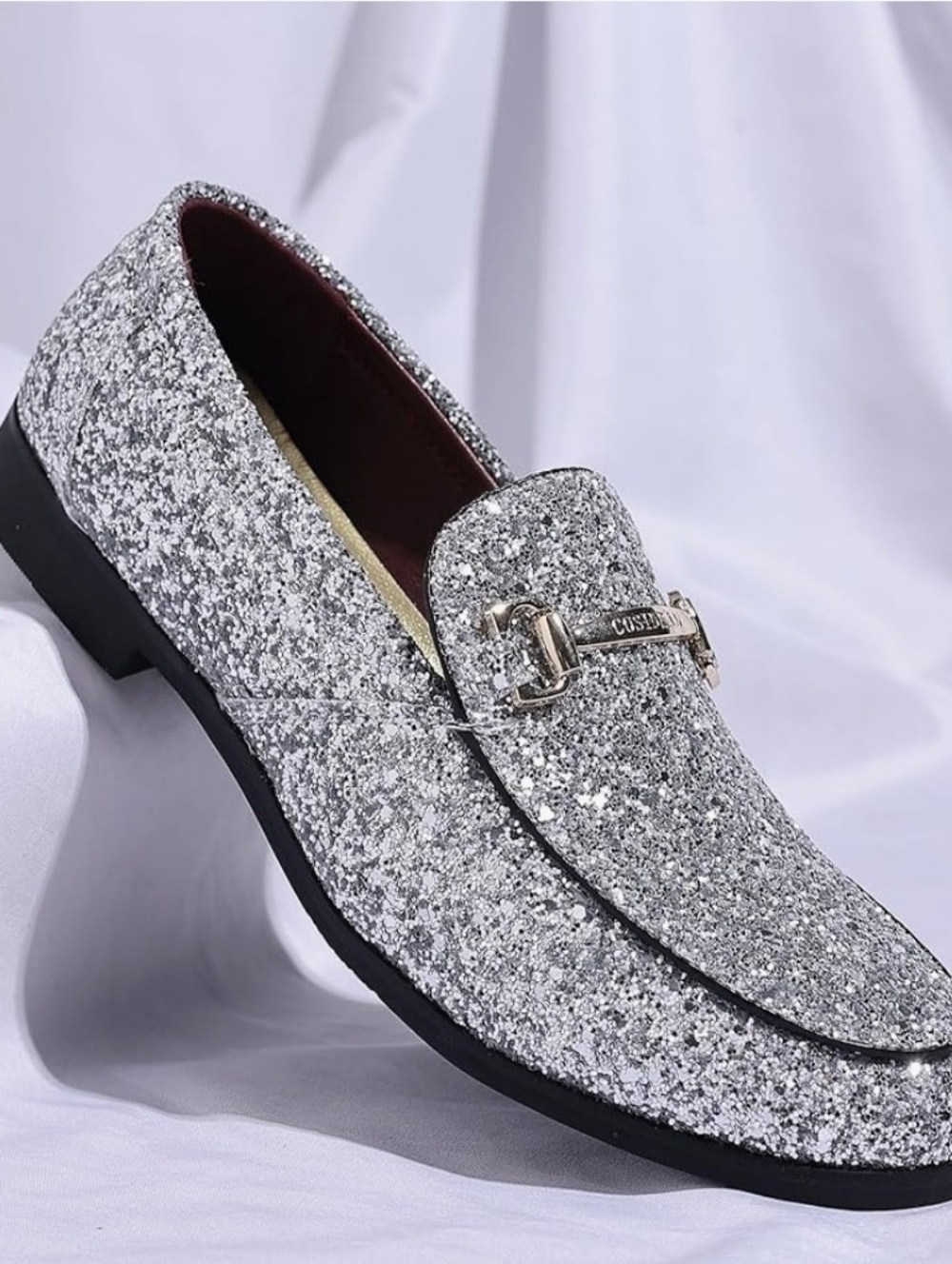 Men's Silver Glitter Loafers with Metal Bit Accent